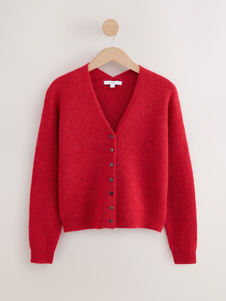 Red Long Sleeve V-Neck Rib Cardigan With Wool - Image 1 of 3 Red Long Sleeve V-Neck Rib Cardigan With Wool - Image 1 of 3