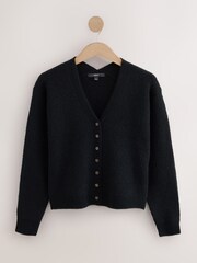 Black Long Sleeve V-Neck Rib Cardigan With Wool - Image 1 of 3