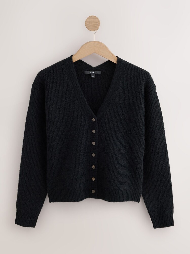 Black Long Sleeve V-Neck Rib Cardigan With Wool - Image 1 of 3 Black Long Sleeve V-Neck Rib Cardigan With Wool - Image 1 of 3