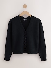 שחור - Long Sleeve V-Neck Rib Cardigan With Wool - תמונה 5 מתוך 7