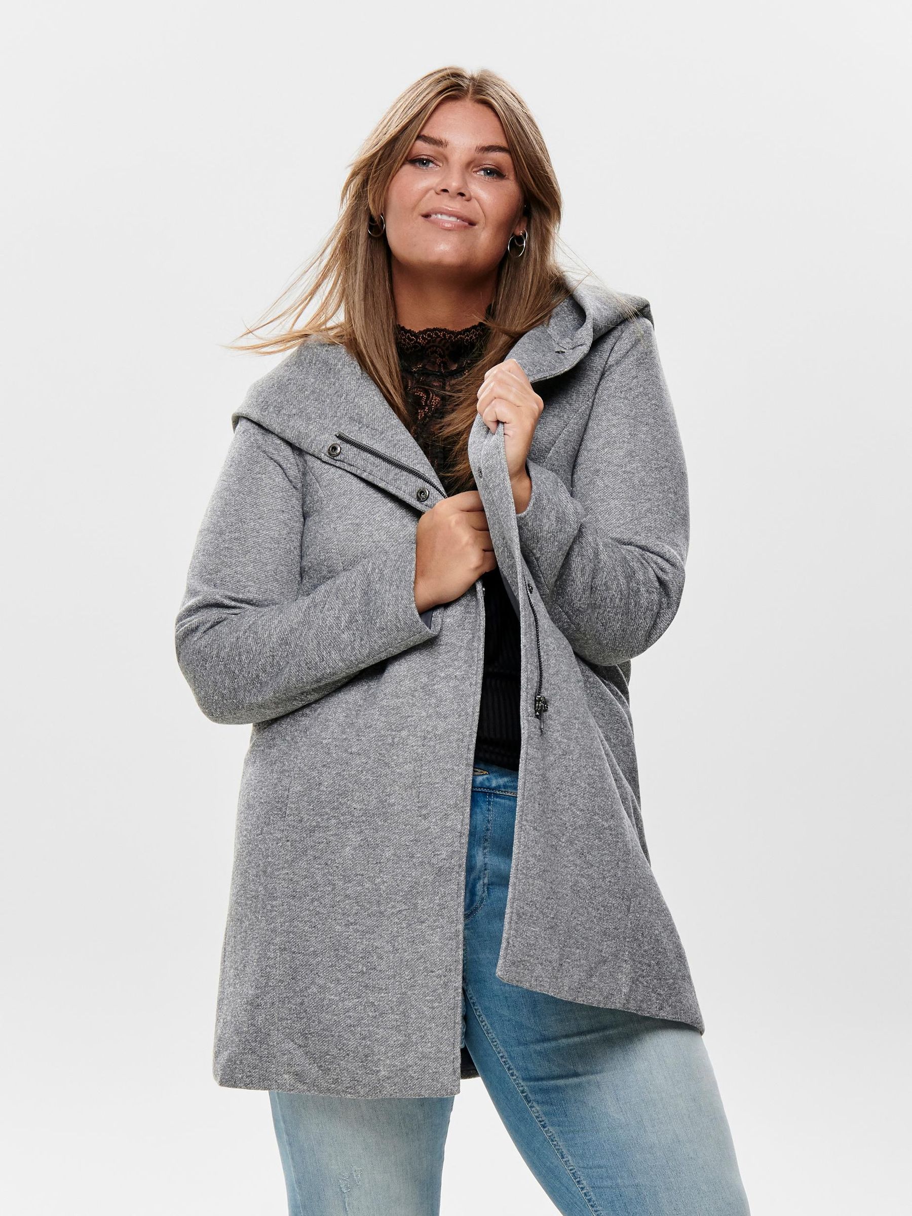 Buy ONLY Curve Grey Hooded Smart Zip Up and Popper Front Coat from Next Luxembourg