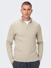 Only & Sons Cream 1/4 Zip Knitted Jumper - Image 1 of 6