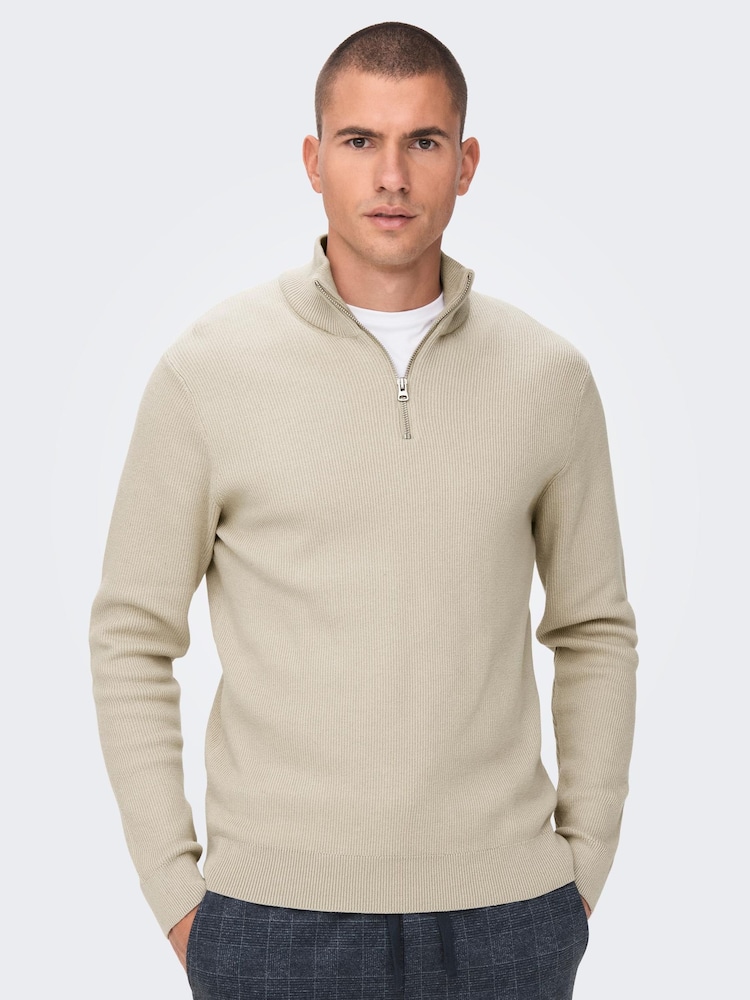 Only & Sons Cream 1/4 Zip Knitted Jumper - Image 1 of 6