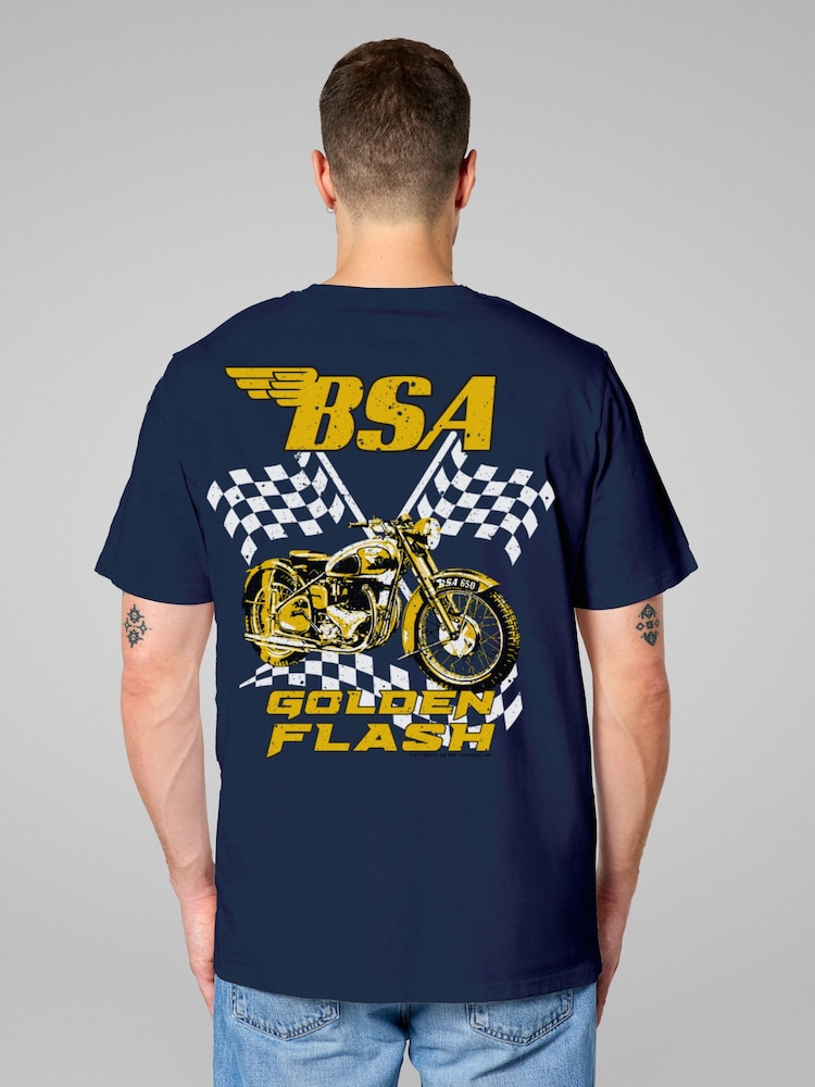 All + Every Blue BSA 650 Golden Flash Motorcycle Chequered Flags T-Shirt - Image 1 of 4