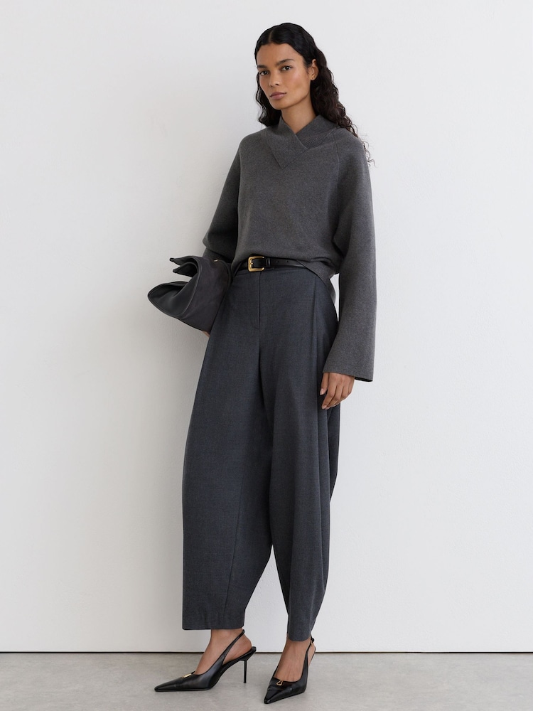 Reiss Charcoal Grey Elle Wool-Cotton Blend High V-Neck Jumper - Image 1 of 6 Reiss Charcoal Grey Elle Wool-Cotton Blend High V-Neck Jumper - Image 1 of 6
