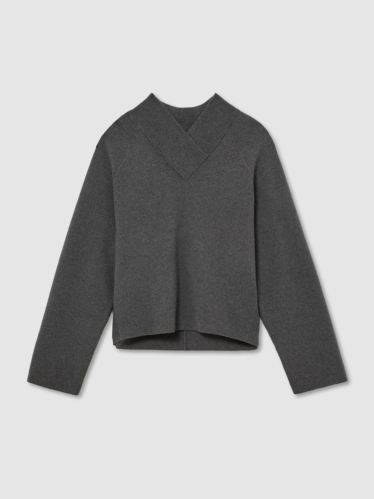 Reiss Charcoal Grey Elle Wool-Cotton Blend High V-Neck Jumper - Image 2 of 6 Reiss Charcoal Grey Elle Wool-Cotton Blend High V-Neck Jumper - Image 2 of 6