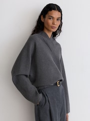 Reiss Charcoal Grey Elle Wool-Cotton Blend High V-Neck Jumper - Image 3 of 6