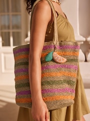 Multi Multi Stripe Raffia Shopper Bag with Beaded Charm - Image 3 of 8