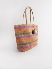 Multi Multi Stripe Raffia Shopper Bag with Beaded Charm - Image 4 of 8