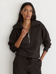 Reiss Dark Brown Mina Herringbone Half-Zip Sweatshirt - Image 1 of 6