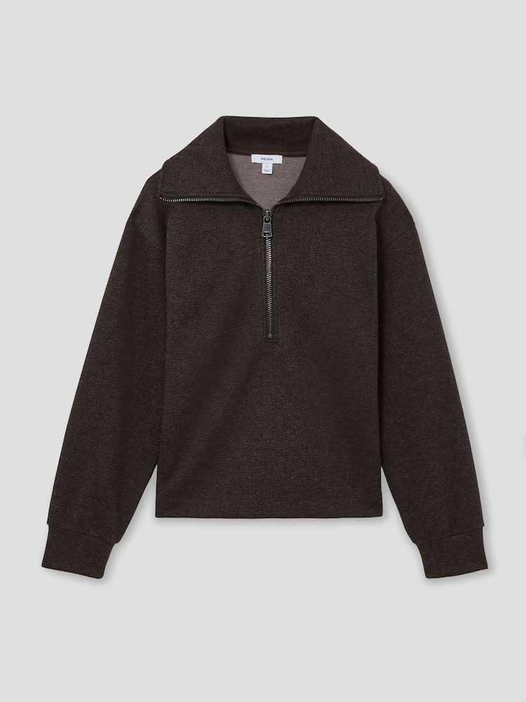 Reiss Dark Brown Mina Herringbone Half-Zip Sweatshirt - Image 2 of 6 Reiss Dark Brown Mina Herringbone Half-Zip Sweatshirt - Image 2 of 6