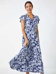 Roman Blue Floral Print Frill Detail Midi Dress - Image 1 of 5