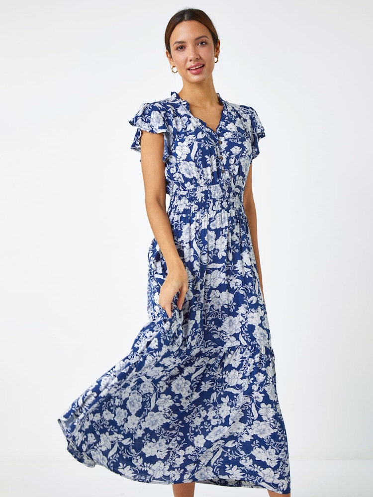 Roman Blue Floral Print Frill Detail Midi Dress - Image 1 of 5