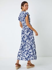 Roman Blue Floral Print Frill Detail Midi Dress - Image 2 of 5