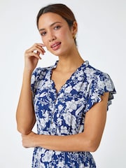 Roman Blue Floral Print Frill Detail Midi Dress - Image 4 of 5