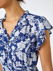Roman Blue Floral Print Frill Detail Midi Dress - Image 5 of 5