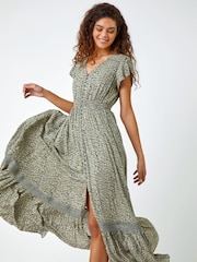 Roman Green Scribble Print Button Through Midi Dress - Image 1 of 5