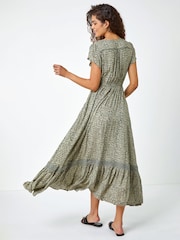 Roman Green Scribble Print Button Through Midi Dress - Image 2 of 5