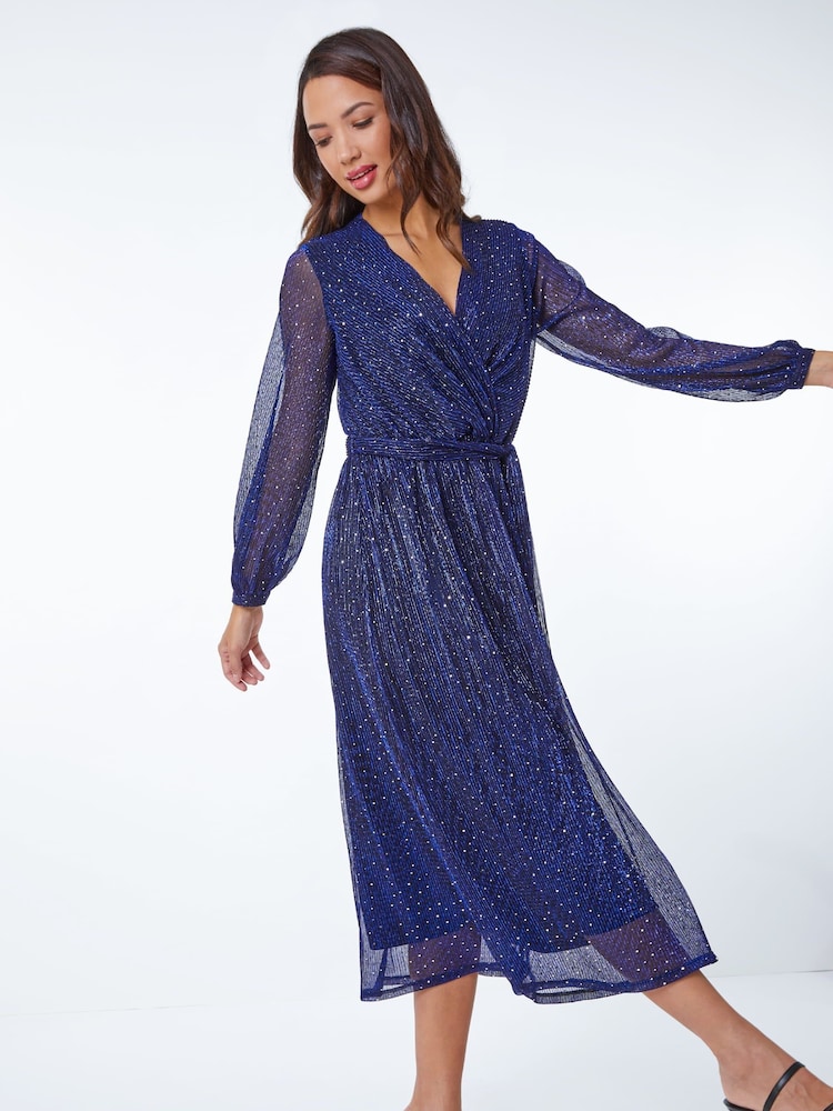 Roman Blue Shimmer Plisse Wrap Dress - Image 1 of 5