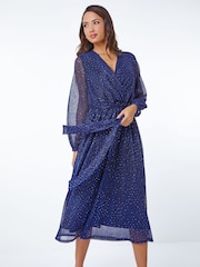 Roman Blue Shimmer Plisse Wrap Dress - Image 3 of 5