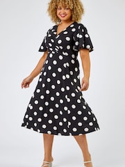 Roman Black & white Curve Spot Print Midi Dress - Image 1 of 4