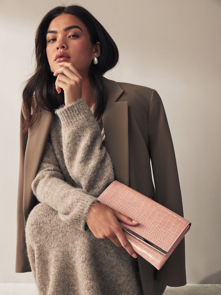 Mink Brown Croc Clutch Bag With Detachable Cross-Body Chain - Image 1 of 10 Mink Brown Croc Clutch Bag With Detachable Cross-Body Chain - Image 1 of 10