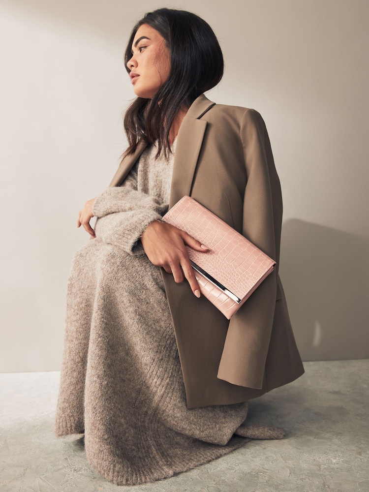 Mink Brown Croc Clutch Bag With Detachable Cross-Body Chain - Image 2 of 10 Mink Brown Croc Clutch Bag With Detachable Cross-Body Chain - Image 2 of 10