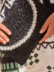 Black/White Raffia Shell Clutch Bag - Image 1 of 10