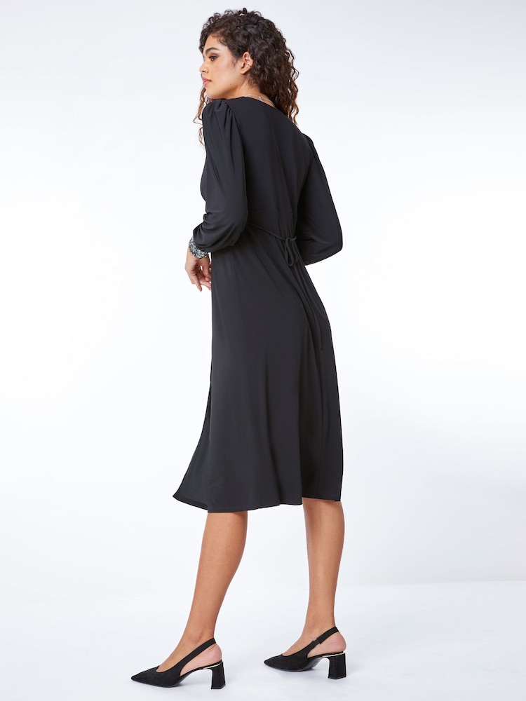 Roman Black Sequin Trim Stretch Midi Dress - Image 2 of 5