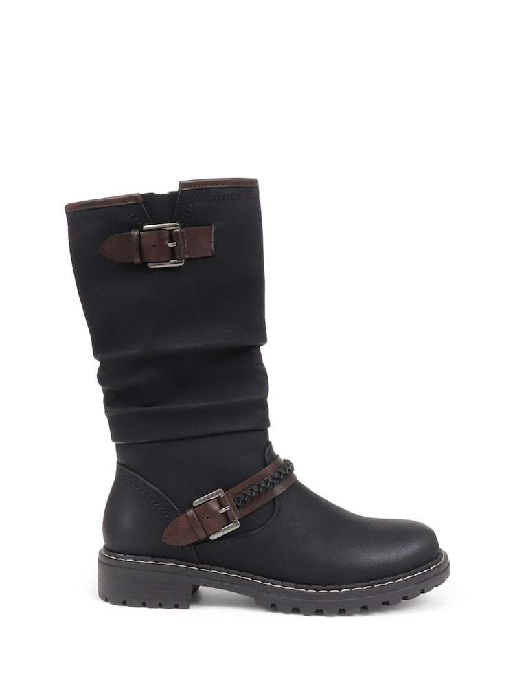 Pavers Black Casual Buckle Strap Mid-Calf Biker Boots in Black - Image 1 of 5