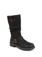 Pavers Black Casual Buckle Strap Mid-Calf Biker Boots in Black - Image 2 of 5
