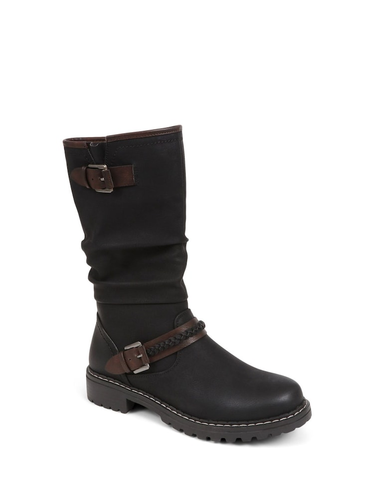 Pavers Black Casual Buckle Strap Mid-Calf Biker Boots in Black - Image 2 of 5