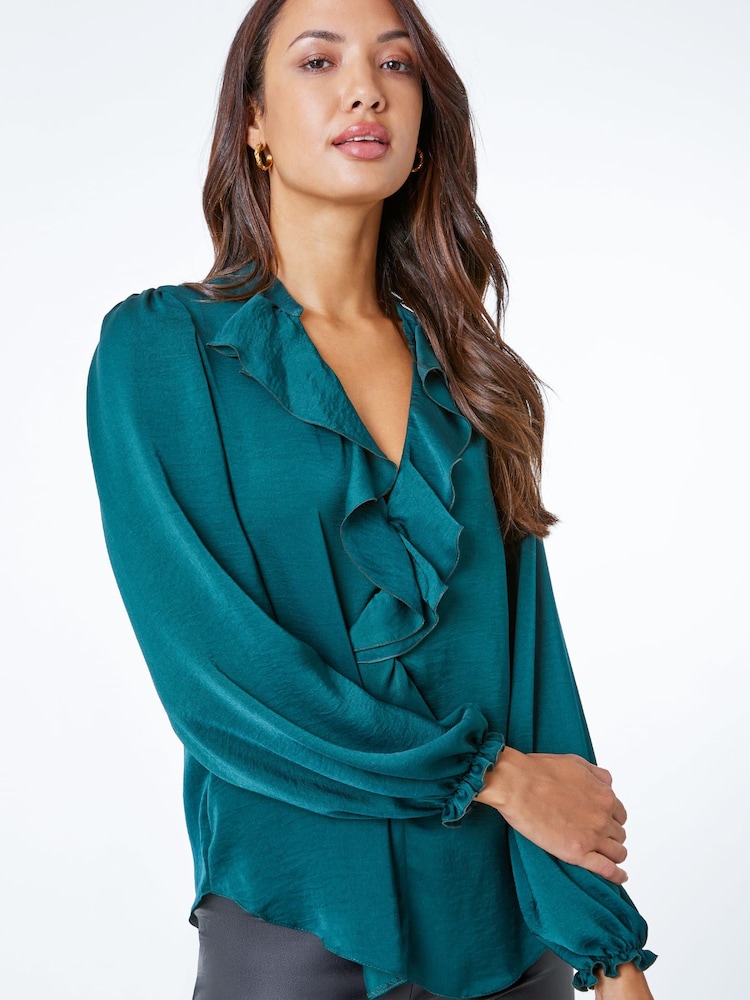 Roman Green Satin Ruffle Neck Blouse - Image 1 of 5
