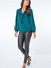 Roman Green Satin Ruffle Neck Blouse - Image 2 of 5
