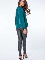Roman Green Satin Ruffle Neck Blouse - Image 3 of 5