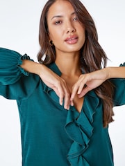 Roman Green Satin Ruffle Neck Blouse - Image 4 of 5