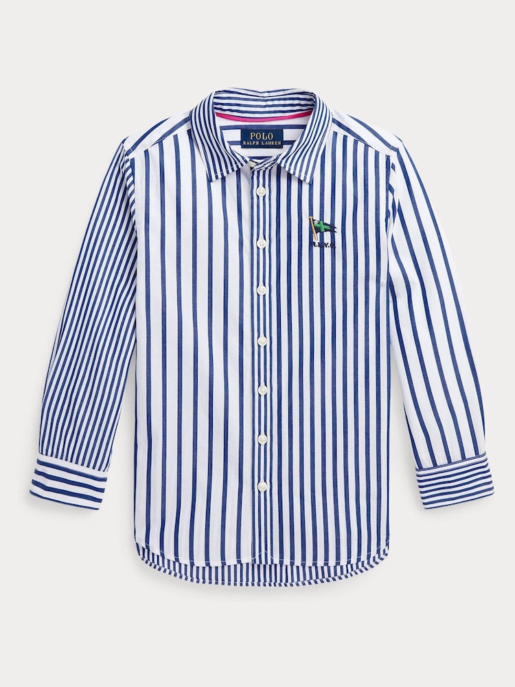 Polo Ralph Lauren Girls Blue Striped Cotton Poplin Fun Shirt - Image 1 of 4
