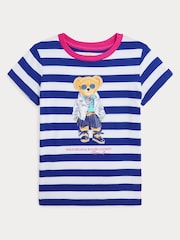 Polo Ralph Lauren Girls Blue Striped Polo Bear Cotton Jersey T-Shirt - Image 1 of 4