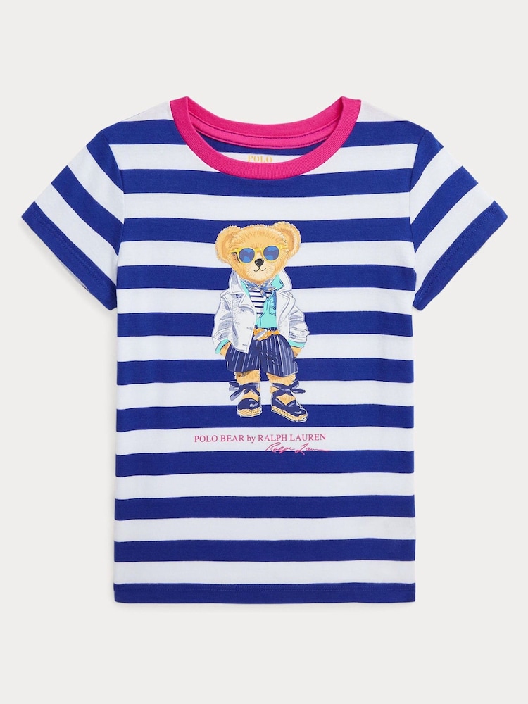 Polo Ralph Lauren Girls Blue Striped Polo Bear Cotton Jersey T-Shirt - Image 1 of 4
