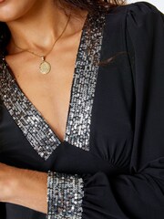 Roman Black Sequin Trim Stretch Top - Image 5 of 5
