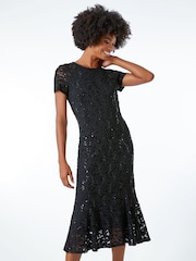 Roman Black Leaf Lace Sequin Midi Dress - Image 1 of 5