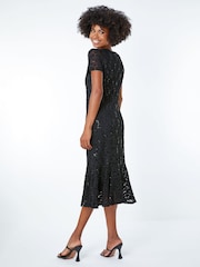 Roman Black Leaf Lace Sequin Midi Dress - Image 3 of 5