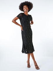 Roman Black Leaf Lace Sequin Midi Dress - Image 4 of 5