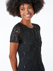 Roman Black Leaf Lace Sequin Midi Dress - Image 5 of 5