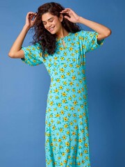Roman Blue Sunflower Print Keyhole Stretch Midi Dress - Image 1 of 5