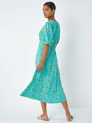 Roman Blue Sunflower Print Keyhole Stretch Midi Dress - Image 2 of 5