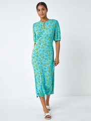 Roman Blue Sunflower Print Keyhole Stretch Midi Dress - Image 3 of 5