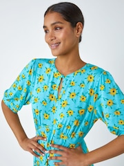 Roman Blue Sunflower Print Keyhole Stretch Midi Dress - Image 4 of 5