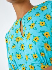 Roman Blue Sunflower Print Keyhole Stretch Midi Dress - Image 5 of 5