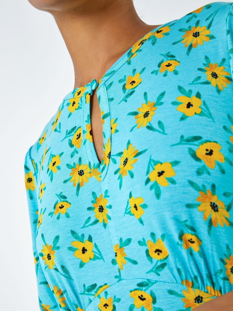 Roman Blue Sunflower Print Keyhole Stretch Midi Dress - Image 5 of 5
